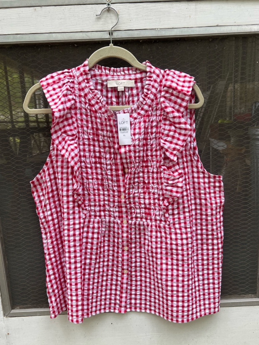 LOFT Red and White Gingham Ruffle Front Top